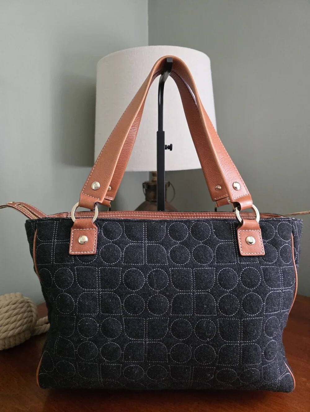 Kate Spade WKRU0223 Quilted Wool Dark Gray Tan Leather Tote Shoulder Bag